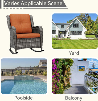 1 PC Outdoor Rocking Chair, Wicker Patio Rocker Chair for Yard, Porch, Mixed Brown Grey Rattan, Orange Cushions