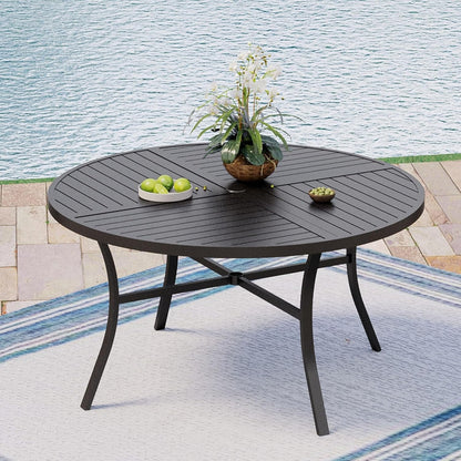Outdoor Patio Round Dining Table, 54"x 54" Metal Slatted Round Tabletop with Adjustable Umbrella Hole for Deck Lawn Garden Backyard, Black