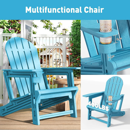 Adirondack Chairs Set of 4, Tool-Free Assembly All-Weather Plastic Adirondack Chairs, HDPE Fire Pit Chairs with Cup Holder, Outdoor Chair for Patio Garden（Lake Blue）