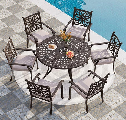 PHI VILLA Patio Dining Set for 6 Person, 7 Piece Cast Aluminum Outdoor Table Chair Set with 54" Dia Cast-Top Aluminum Table(2.1" Umbrella Hole) and 6 Extra Wide Dining Chairs with Seat Cushions