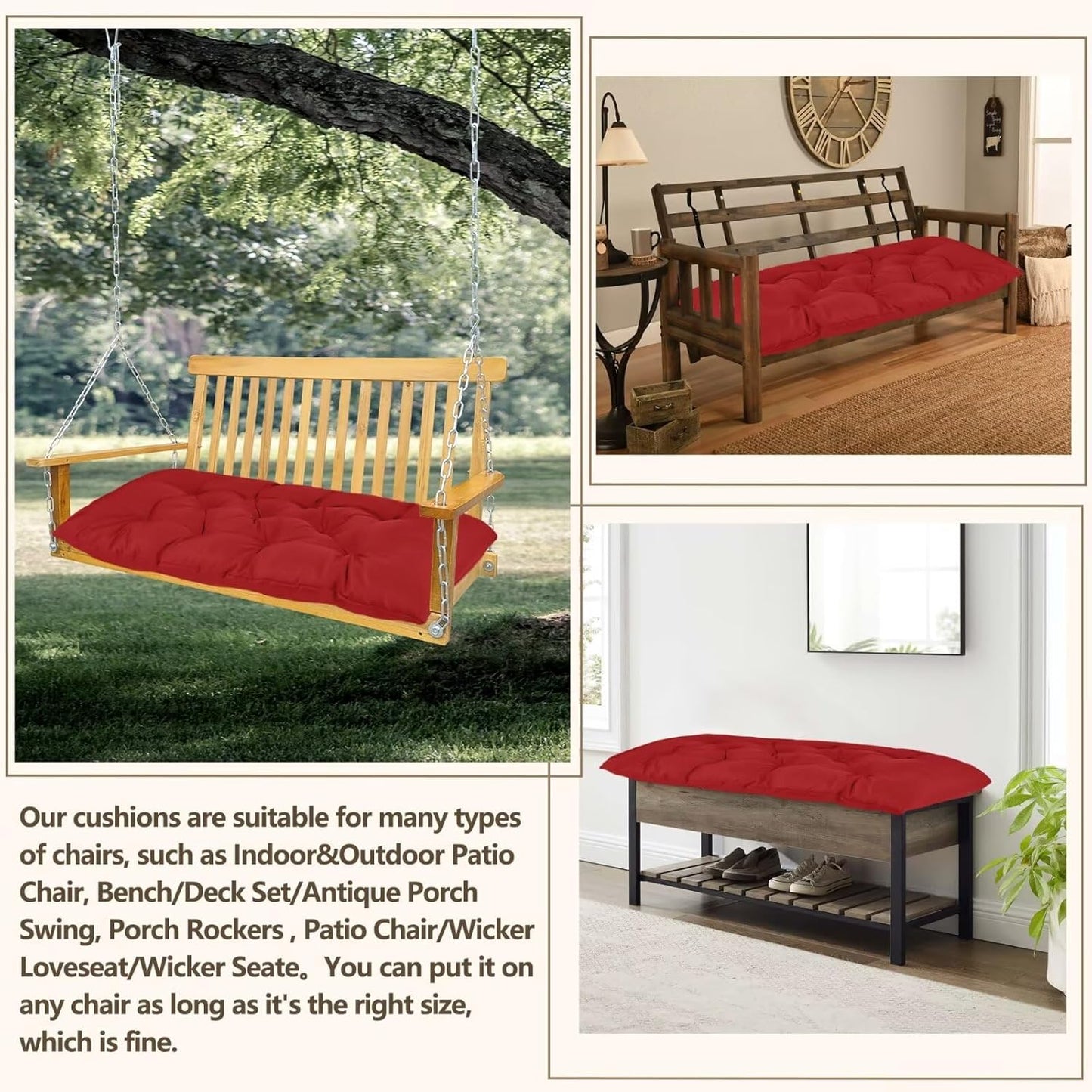 Waterproof Indoor Outdoor Garden Bench Seat Cushions,Thicken Patio Bench Soft Rocking Chairs Pad Lounger Seat for Porch Wicker Loveseat Settee (59 X 19.6 in,Red