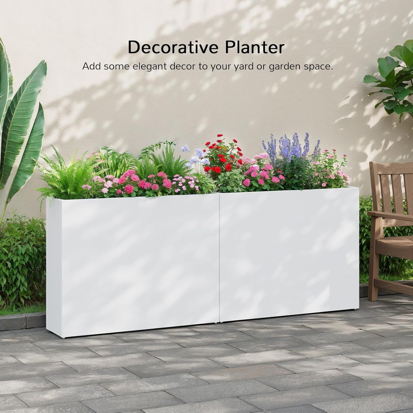 Stoog 38" Large Planters for Outdoor Plants Set of 2, All-Weather Rectangular Metal Planter Box with Removable Insert Shelf, Ideal for Plants, Flowers, Vegetables, Garden, White