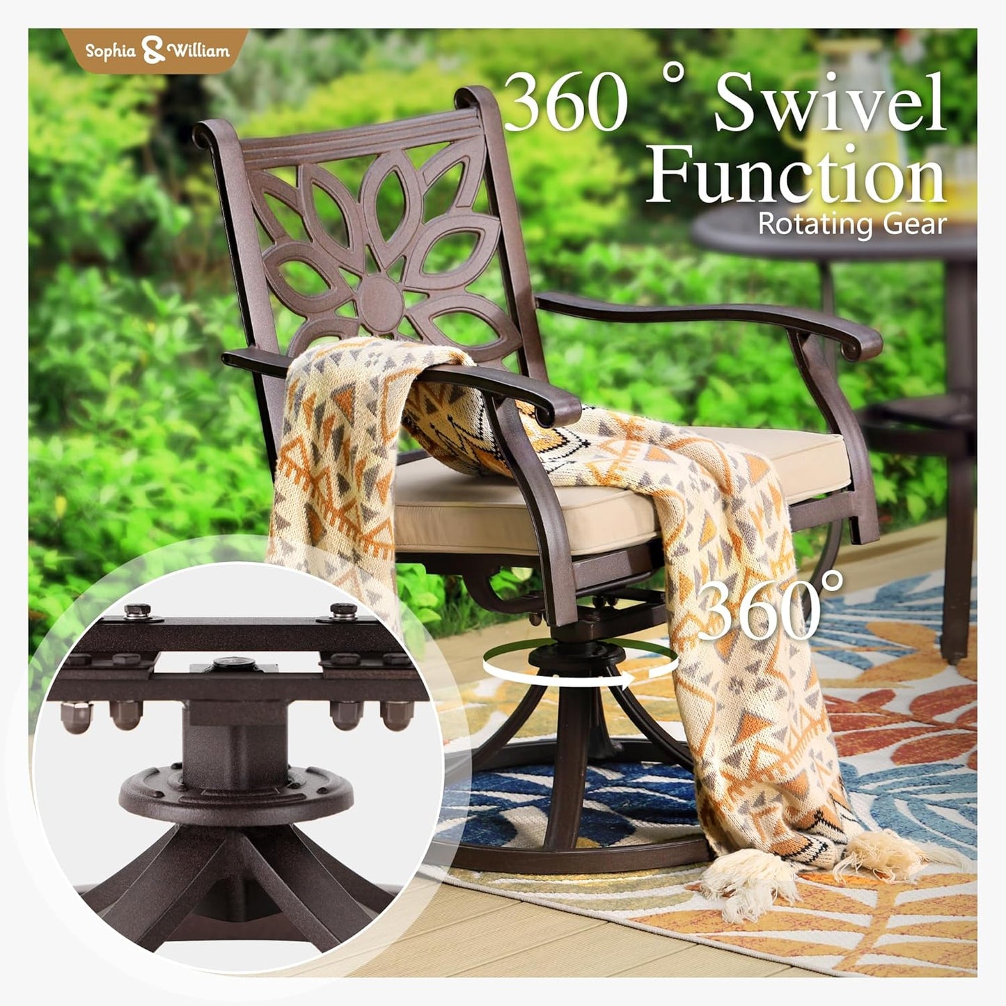 Sophia & William 7 Pieces Cast Aluminium Patio Dining Set for 6, Outdoor Swivel Rocking Chairs and Rectangular Table with 2.3" Umbrella Hole for Porch Backyard Deck, Bronze