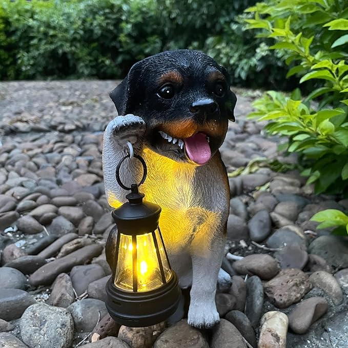 Solar Garden Statues Dog Figurine with LED Light Lantern Outdoor Art Decor for Patio Lawn Yard Housewarming Home Ornaments Gifts for Dog Lovers Mom Grandma Women