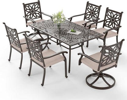 Sophia & William 7 Pieces Cast Aluminium Patio Dining Set for 6 People, Powder-Coating Outdoor Table and 4 Chairs & 2 Swivel Rocking Chairs, Outdoor Patio Table Set with 2.3" Umbrella Hole, Bronze