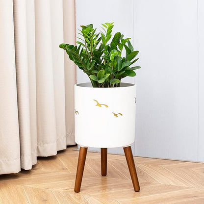 12 Inch Planter,Plant Pot with Stand for Indoor Plants,Large Modern Plant Pots with a Dove Pattern Indoor Outdoor with Drainage for Home Garden Patio,White and Gold