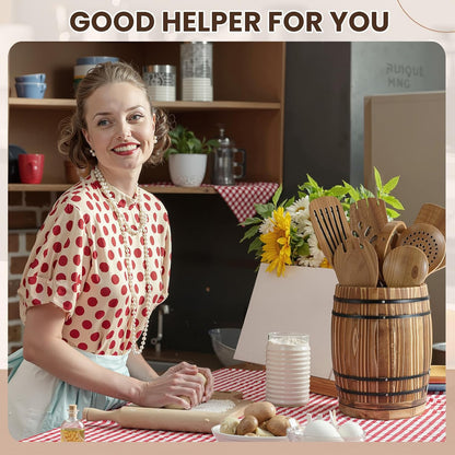 Honeydak Wooden Utensil Holder for Kitchen Counter, 360° Rotating Wine Barrel Design Large Cooking Spoon Crock Organizer, Rustic Vintage Burnt Wood Tool Holder for Farmhouse Kitchen, Gifts Decor