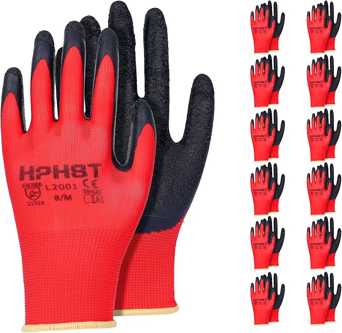 Latex Rubber Hand Coated Work Gloves - Safety Work Gloves - Excellent Grip for Construction Warehouse Garden 12 Pairs