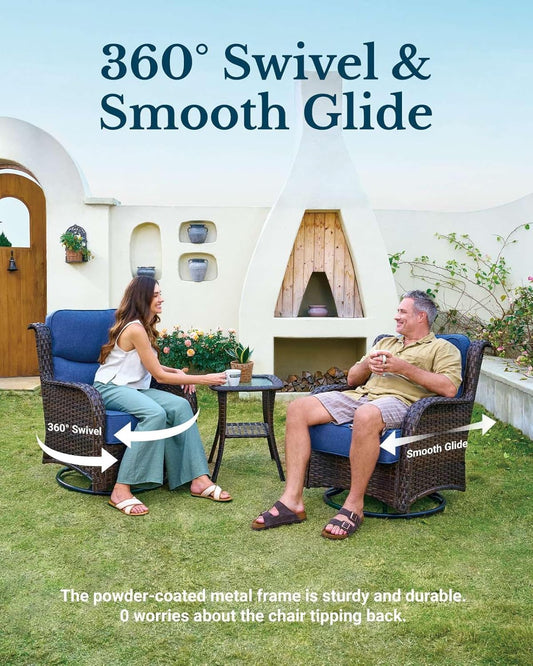 HILLGA Luxury Patio Furniture Set with 6-Inch Thick Cushions, High Back Outdoor Swivel Rocker Chairs and Table, 3-Piece All Weather Conversation Set for Porch Deck Balcony Yard, Blue (V3)