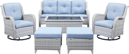 Wicker Outdoor Furniture Patio Furniture Set - 6 Piece Patio Conversation Set with Swivel Rocker Chairs, Rattan Sofa, Ottomans and Coffee Table, Baby Blue Cushion
