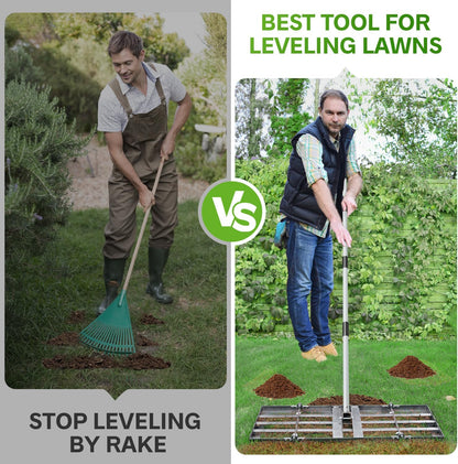 Lawn Leveling Rake, Lawn Leveler with Stainless Steel Long Handle, Heavy Duty Yard Level Tool for Leveling Soil, Sand Or Dirt Surfaces, Gardening Gloves Gift Included (30x10in)