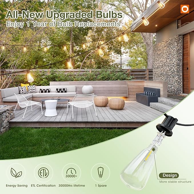 addlon 54(48+6) FT Solar String Lights Waterproof,Patio Lights Solar Powered with Remote& USB Port 24+2 LED Shatterproof Bulbs 3 Lighting Modes Outdoor Lights for Camping Backyard Garden