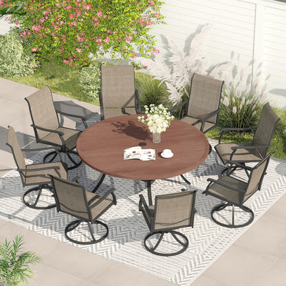 VICLLAX 53" Outdoor Round Patio Table for Lawn Garden, All Weather Metal Round Patio Dining Table with Adjustable Umbrella Hole, Patio Table for 8 Person, Walnut Tabletop