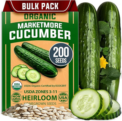HOME GROWN 𝗨𝗦𝗔 𝗣𝗥𝗘𝗠𝗜𝗨𝗠 Organic Cucumber Seeds - 200 Marketmore Heirloom 𝗡𝗢𝗡-𝗚𝗠𝗢 Vegetable Seeds for Planting in Trellises, Raised Beds, Containers (Cucumis sativus)