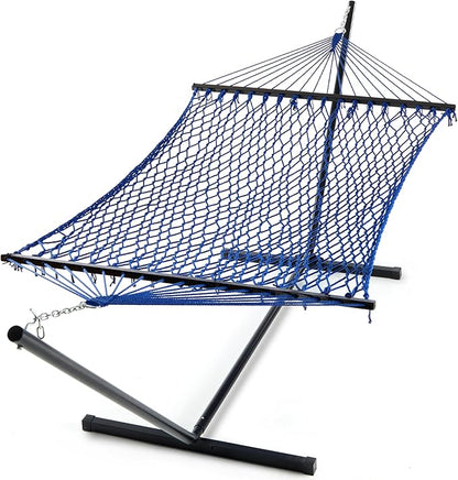 PNAEUT Double Hammock with Stand for Outside, Rope Hammocks with Hardwood Spreader Bar 2 Person, 12ft Heavy Duty Stand, Extra Pillow, Max 475 lbs Capacity (Royal Blue)