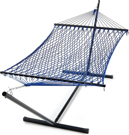 PNAEUT Double Hammock with Stand for Outside, Rope Hammocks with Hardwood Spreader Bar 2 Person, 12ft Heavy Duty Stand, Extra Pillow, Max 475 lbs Capacity (Royal Blue)