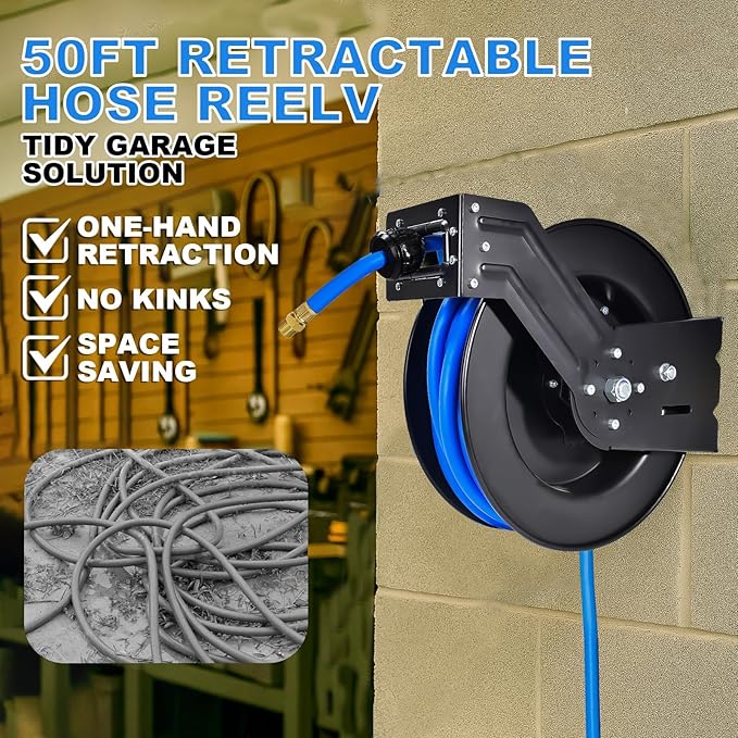 Heavy Duty Retractable Air Hose Reel, 1/2 IN x 50 FT Hybrid Air Hose, Max 300PSI Air Compressor Hose Reel with Auto Rewind, Ceiling/Wall Mount Single Arm Premium Steel Reel for Garage Workshop