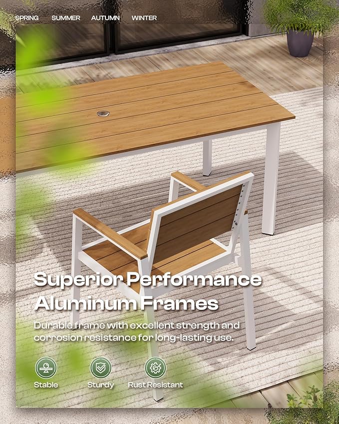 67" Rectangle HDPS Patio Dining Table, Aluminum Outdoor Patio Dining Table with Umbrella Hole, Weather-Resistant for Lawn, Garden, Yard, Poolside and Indoor Use, White & Teak