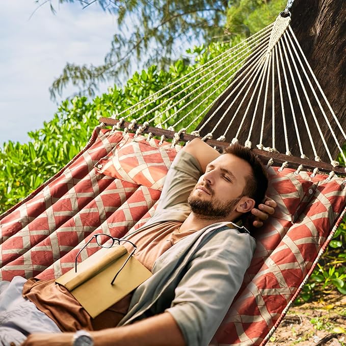 13FT Double Hammock With Spreader Bars - 600 lbs Capacity, Detachable Pillow, Heavy Duty Hanging Tree Design for Outside, Patio, Garden, Backyard, Beach, and Poolside