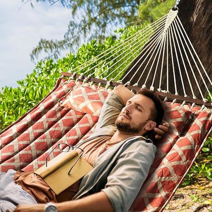 13FT Double Hammock With Spreader Bars - 600 lbs Capacity, Detachable Pillow, Heavy Duty Hanging Tree Design for Outside, Patio, Garden, Backyard, Beach, and Poolside