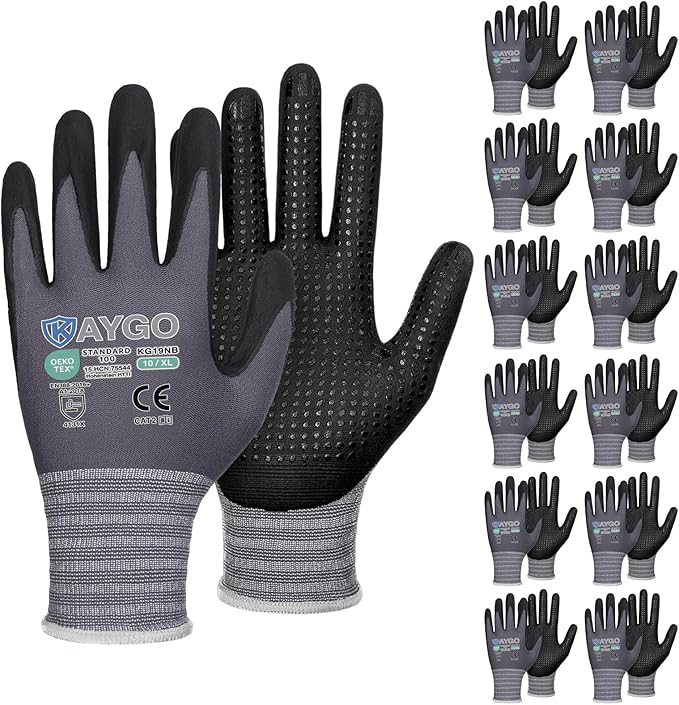 KAYGO MicroFoam Nitrile Coated Work Gloves, 12 Pairs KG19N Seamless Knit Nylon, Micro Dots for Enhanced Grip, Breathable and Durable, Ideal for Automotive, General Assembly, Painting, Gray, XL