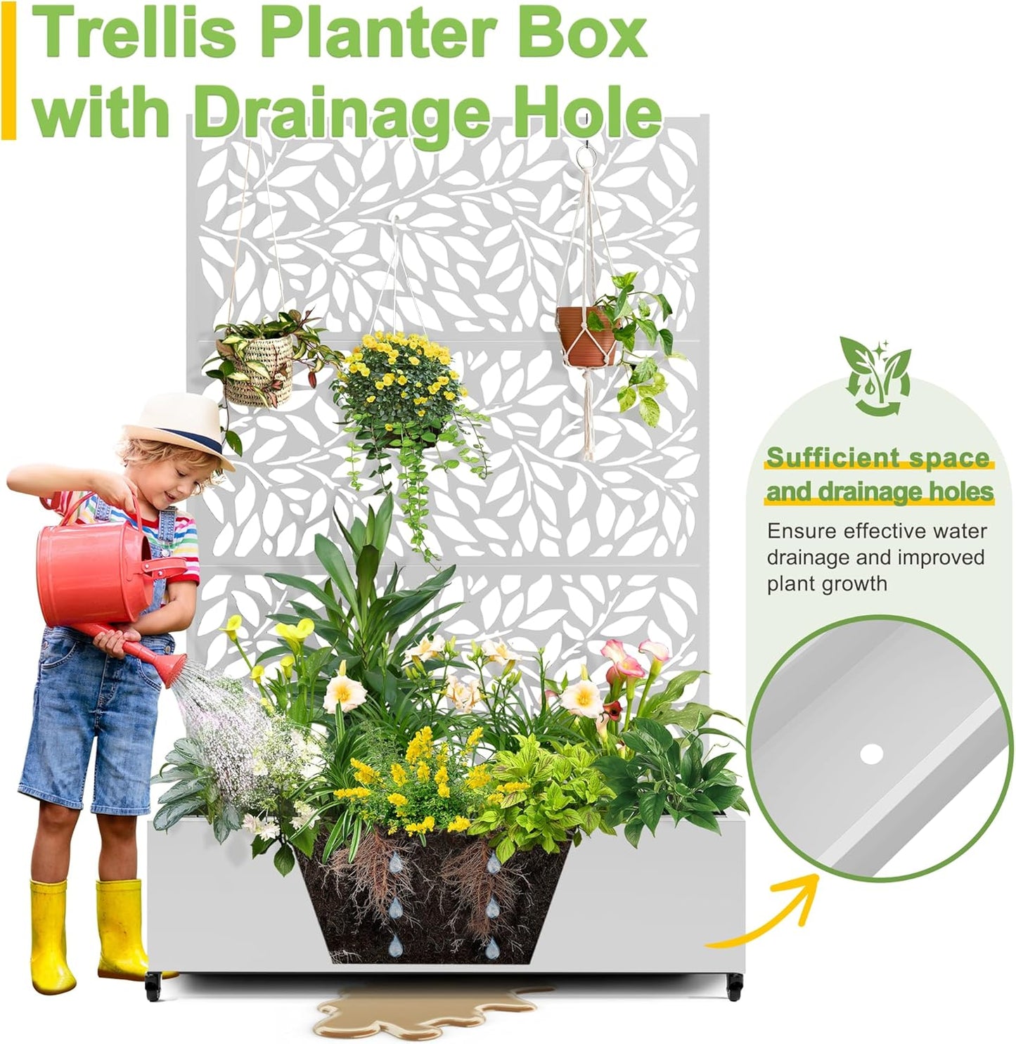 FENCY Metal Raised Garden Bed with Wheels and Trellis,73"x47"x16" Planter Box for Climbing Plants, Vegetables & Vines, Features Privacy Screen and Drainage Holes (White-Leaf-2)