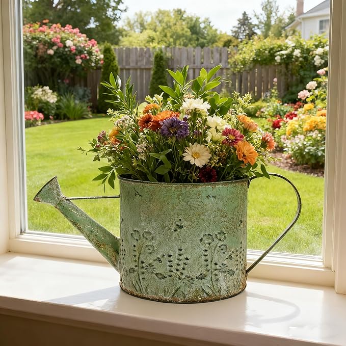 Vintage Metal Watering Can Planter with Embossed Floral - Distressed Green Decorative Watering Pot for Indoor/Outdoor Flowers, Succulents & Herbs, Rustic Home Decor Accent