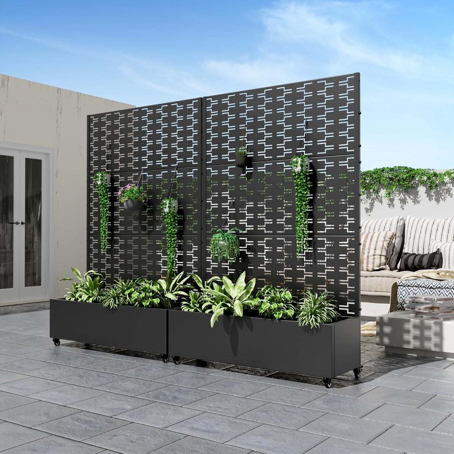 Casaphoria Metal Raised Garden Bed with Trellis and Wheels, 47"x47"x16" Planter Box for Climbing Plants, Vegetables & Vines, Features Drainage Holes and Privacy Screen, Black-Square