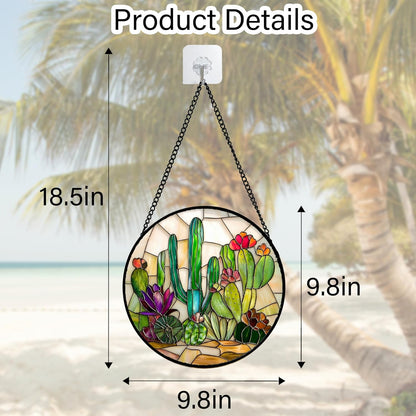 Stained Glass Window Hanging, White Green Cactus Suncatcher Diamond Glass Panel Hangings Sun Catchers Decor for Birthday for Women, Men, Wife, Aunt, and Mom 9.8 in