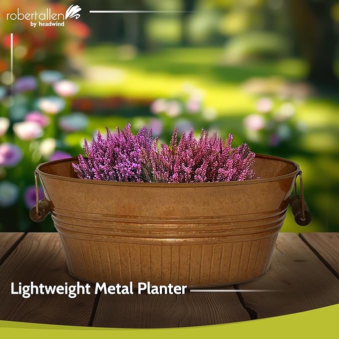 Headwind Vintage Collection 14-Inch New Penny Oval Galvanized Tub with Handles – Metal Wash Basin Planter - Galvanized Metal Tub for Indoor & Outdoor Use by Robert Allen