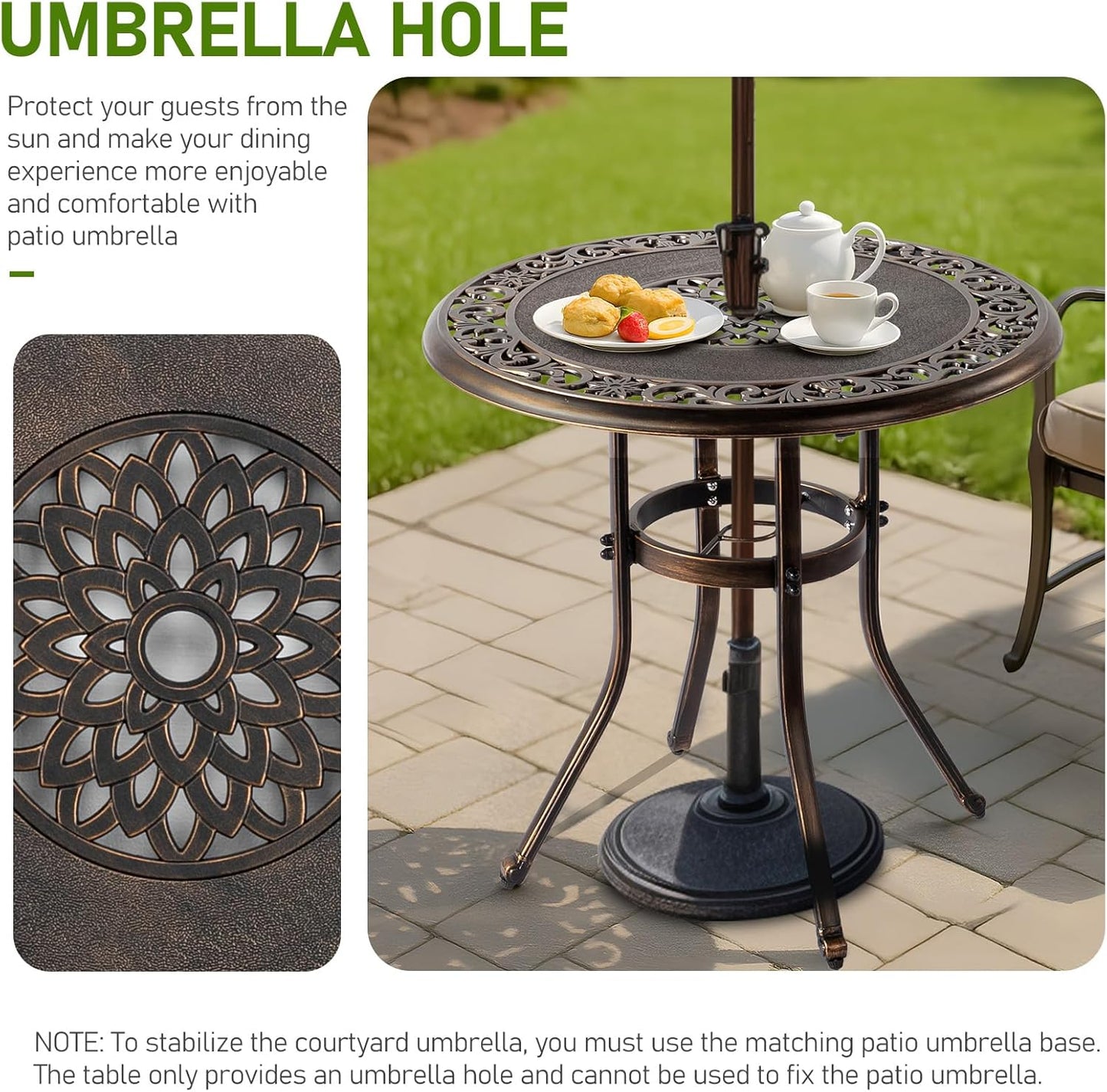 Outvita Outdoor Dining Table, Cast Aluminum Round Patio Bistro Table with Umbrella Hole Weather Resistant Aluminum for Balcony Poolside Garden Lawn