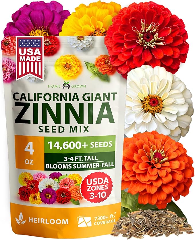 HOME GROWN Zinnia Seeds for 2026 - California Giant Mix - 14,600+ (4 oz) 𝗡𝗢𝗡-𝗚𝗠𝗢 𝗨𝗦𝗔 Plant Wildflower Blooms – Bulk Seeds for Planting Flowers Outside - Pollinator Gardens (Zinnia elegans)
