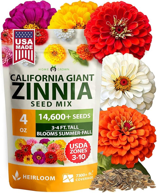 HOME GROWN Zinnia Seeds for 2026 - California Giant Mix - 14,600+ (4 oz) 𝗡𝗢𝗡-𝗚𝗠𝗢 𝗨𝗦𝗔 Plant Wildflower Blooms – Bulk Seeds for Planting Flowers Outside - Pollinator Gardens (Zinnia elegans)