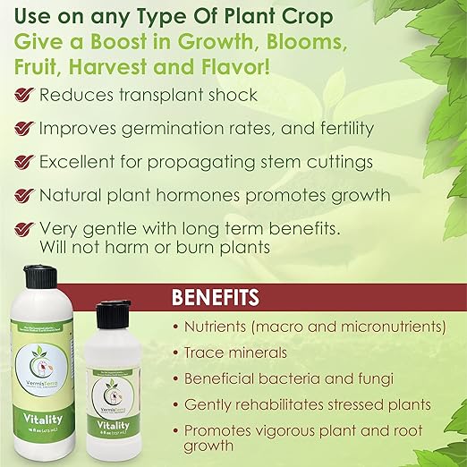 VermisTerra Vitality 8 oz - Houseplant and Indoor Plant Food, Mother Earth's Balanced Fertilizer, Organic, Root Cuttings, No Harmful Chemicals, will not burn plants, Lush Growth. No Odor, Reduce Shock