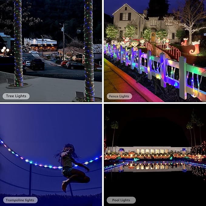 Solar String Lights Outdoor Waterproof, 66ft 200 LED Rope Lights USB & Solar Powered, 8 Modes Multicolor Fairy Lights with Remote for Christmas Garden Patio Deck Tree Pool Trampoline Wedding