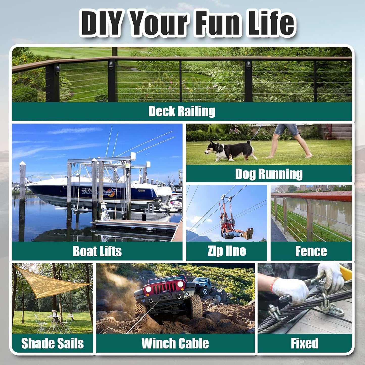 1/4" Stainless Steel Cable 75FT Wire Rope with Clamps and Thimble, 7X19 Strands Aircraft Cable for Zipline, Outdoor, Deck Railing, Heavy Duty Applications, Hanging, 6400lbs Breaking Strength