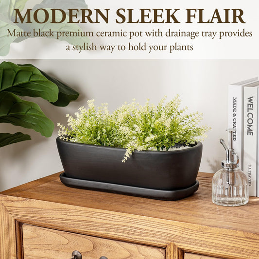 MyGift 14 Inch Oval Modern Matte Black Ceramic Succulent Planter Pot with Drainage Hole and Removable Saucer, Decorative Indoor House Plant Container for Flowers, Cactus, Herbs