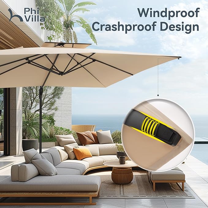 PHI VILLA 10'x 13' Cantilever Patio Umbrella, Outdoor Rectangle Large Umbrellas with Hydraulic Lift and 360°Rotation, Beige