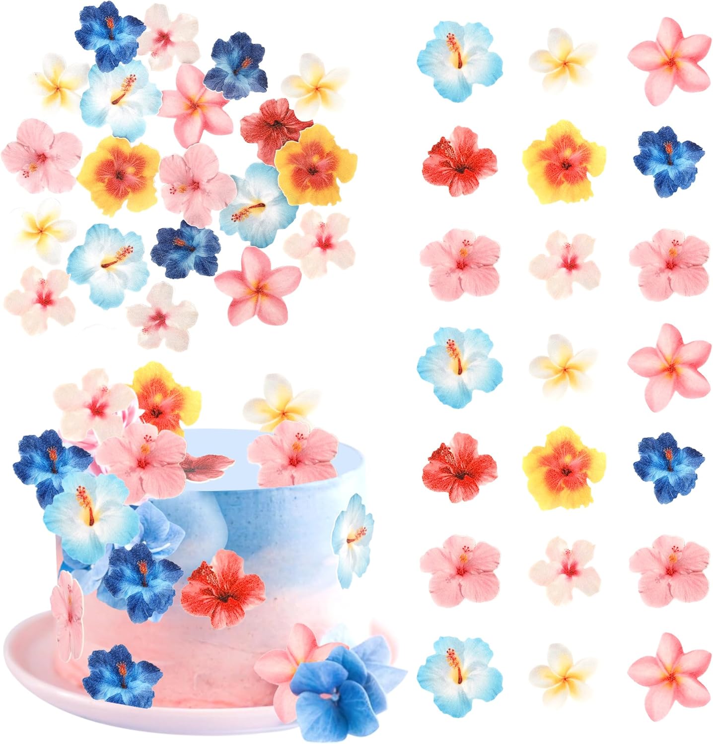 56 PCS Edible Flowers Cupcake Toppers Wafer Paper Flower Birthday Party Decorations Edible Hibiscus Wildflower Cupcake Picks for Baby Shower Wedding Birthday Party Cake Food Decorations Supplies