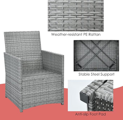 HAPPYGRILL 3 Piece Outdoor Wicker Bistro Set Space-Saving PE Rattan Dining Table Set with Cushioned Chairs, Patio Conversation Set for Backyard Porch Garden and Poolside