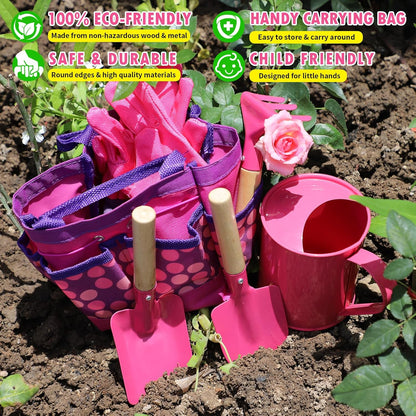 Kids Gardening Tools Set, Toddler Play Kit Child Outdoor Toy with Gloves, Watering Can, Metal Shovel, Rake, Spade & Storage Bag, Backyard Sand Digging Birthday for Boys Girls 3-5 (Pink)