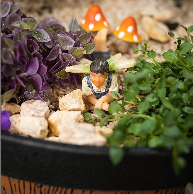 PRETMANNS Fairies for Fairy Garden - Colorful Accessories Kit for an Indoor or Outdoor Miniature Garden - 7 Piece Hand-Painted Resin Figurine Set with a Flower Stump & Mushrooms
