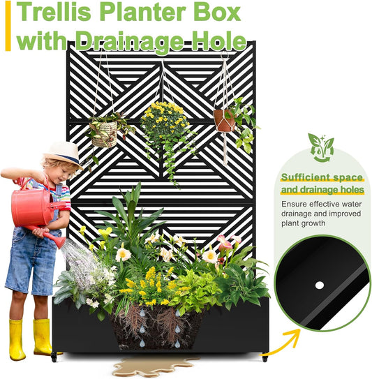 FENCY Metal Raised Garden Bed with Wheels and Trellis,73"x47"x16" Planter Box for Climbing Plants, Vegetables & Vines, Features Privacy Screen and Drainage Holes (Black-Modern)