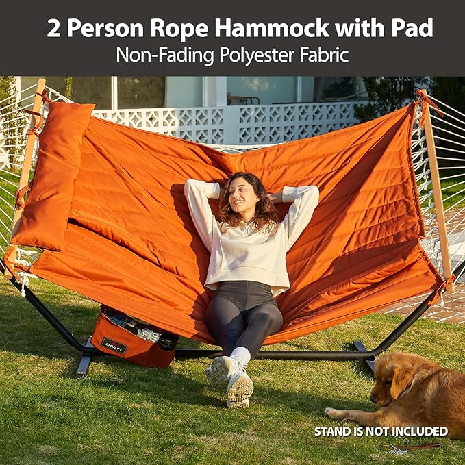Outdoor Double Hammock with Hardwood Spreader Bars, Large Rope Hammock with Polyester Pad and Pillow, 475 LBS Capacity for 2 Person Patio Backyard Poolside - Terracotta