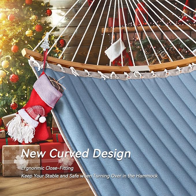 Double Hammock, 11 FT Quilted Fabric 2 Person Hammock for Outside with Pillow, Folding Curved Spreader Bar, Chains, Carrying Bag, Indoor Outdoor, 450 IB Capacity, JeansBlue