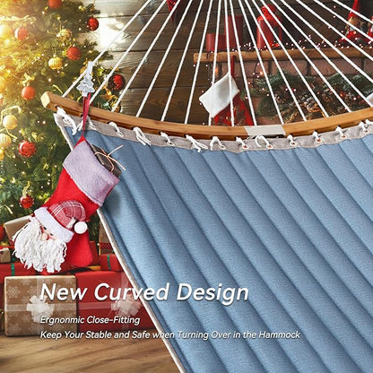 Double Hammock, 11 FT Quilted Fabric 2 Person Hammock for Outside with Pillow, Folding Curved Spreader Bar, Chains, Carrying Bag, Indoor Outdoor, 450 IB Capacity, JeansBlue