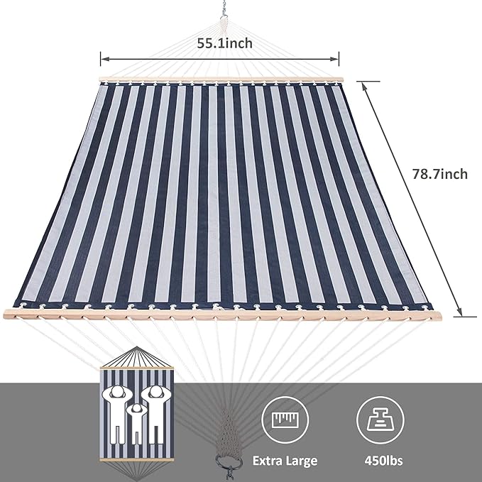 SUNCREAT Hammocks Standing Backyard Hammock with Stand, 2 Person Heavy Duty Hammock with 13.5 ft Wooden Stand, Blue Stripe