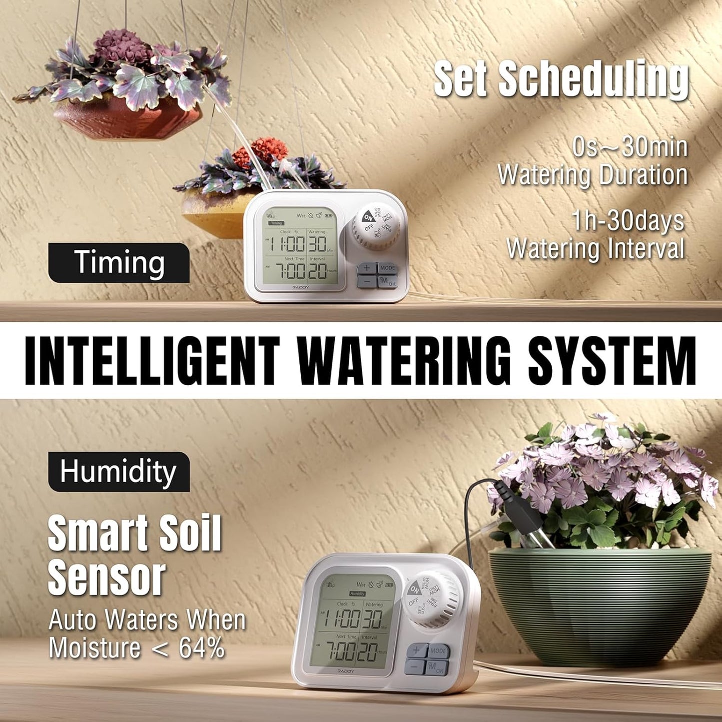 Raddy WS-7 Solar Drip Irrigation Kit with IPX7 Waterproof, Auto Watering System for 15 Potted Plants, with Auto-Soil Humidity Detection, 2600mAh Battery, Large Display for Indoor Outdoor Balcony