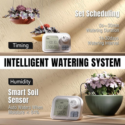 Raddy WS-7 Solar Drip Irrigation Kit with IPX7 Waterproof, Auto Watering System for 15 Potted Plants, with Auto-Soil Humidity Detection, 2600mAh Battery, Large Display for Indoor Outdoor Balcony