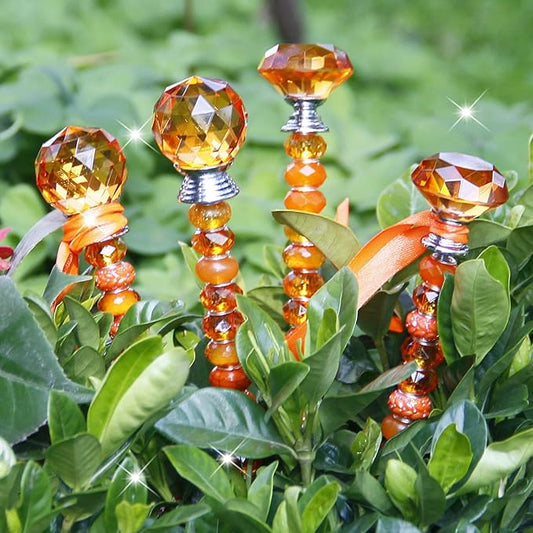 119 Pcs Garden Stake DIY Fairy Wand Plant Stake with Orange Large Hole Beads Crystal Diamond Stopper Top 4 Stainless Steel Threaded Rod Beaded Garden Stakes for Outdoor Indoor Yard Patio Decorations
